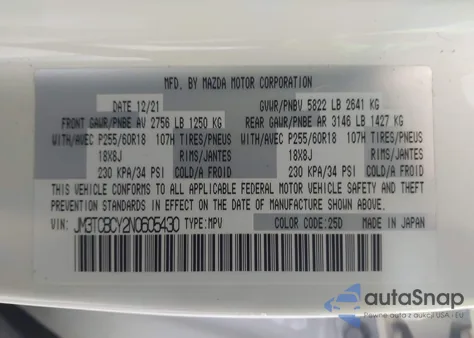 2022 Mazda Cx-9 Touring z USA, uszkodzony, nr VIN JM3TCBCY2N0605430